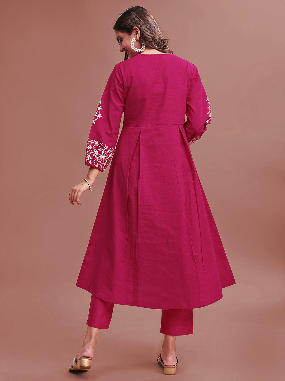 Fuschia Pure Cotton Box Pleats & Embroidered Bloon Sleeves With Trouser